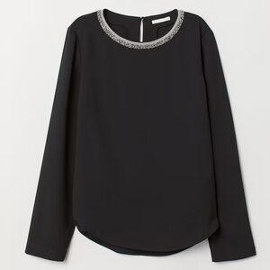 BNWT - H&M Black Top with Embellished Neckline - Size 8